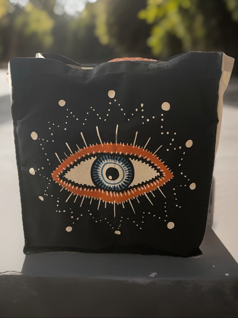 Black Tote Bag with Eye Graphic